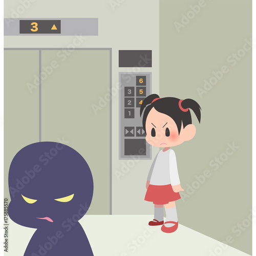 警戒しながらエレベーターに乗る女の子と不審者 Stock イラスト Adobe Stock