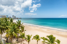 Beach Travel Caribbean Vacation Landscape Of Puerto Rico Background. Isla Verde In San Juan, Latin America Island.
