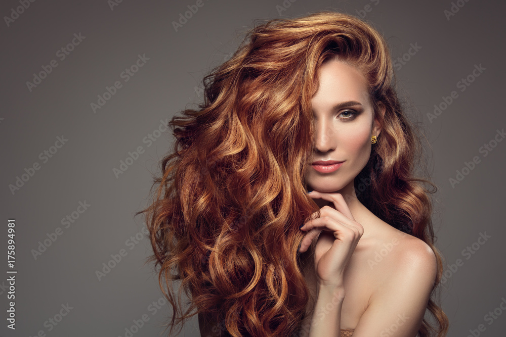 Portrait of woman with long curly beautiful ginger hair. - obrazy, fototapety, plakaty 
