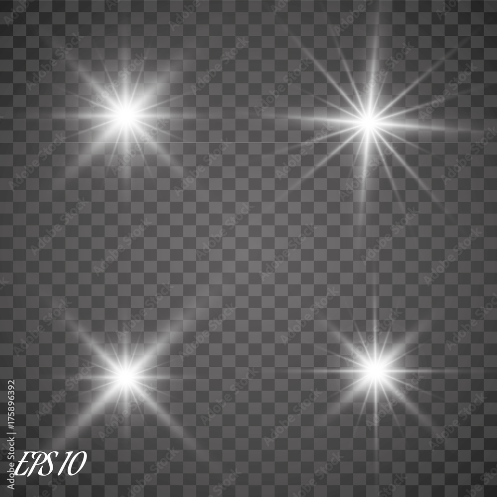 Glow light effect. Starburst with sparkles on transparent background. Vector illustration. Sun - obrazy, fototapety, plakaty 