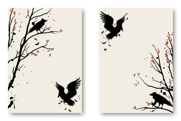 Vector illustration with silhouettes of birds, ravens, trees. Minimalistic design cover for notebook, book, poster. Black and white background, a5 template