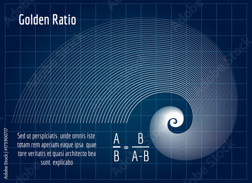 Fotomural Fractal lines golden spiral mean ratio proportion section on blue background, ve