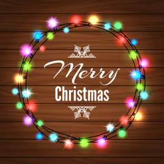 Wall Mural - christmas colorful light garland on the wood background, vector illustration
