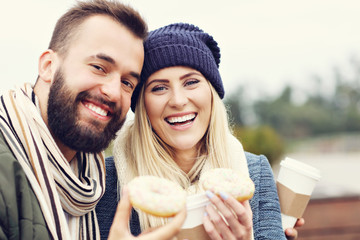 Wall Mural - Picture showing happy young couple dating in the city