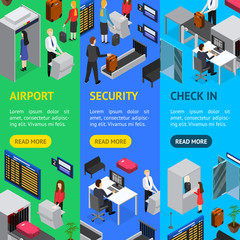 Sticker - Airport Security Check-In Banner Vecrtical Set Isometric View. Vector