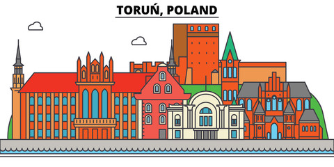 Wall Mural - Poland, Torun. City skyline, architecture, buildings, streets, silhouette, landscape, panorama, landmarks. Editable strokes. Flat design line vector illustration concept. Isolated icons