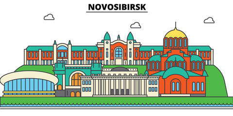 Wall Mural - Russia, Novosibirsk. City skyline, architecture, buildings, streets, silhouette, landscape, panorama, landmarks. Editable strokes. Flat design line vector illustration concept. Isolated icons