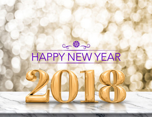 Poster - Purple color Happy new year 2018 gold glossy (3d rendering ) on marble table with sparkling gold bokeh wall,Holiday greeting card concept.