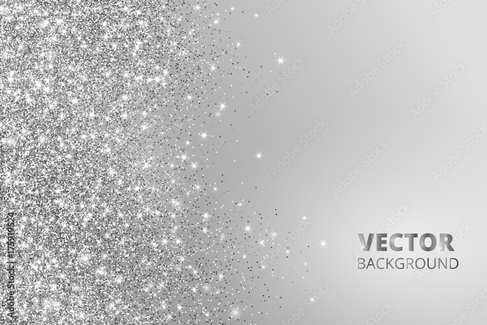 Glitter confetti, snow falling from the side. Vector silver dust, explosion on grey background. Sparkling border, frame - obrazy, fototapety, plakaty 