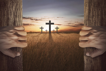 Human hand opening wooden door and looking cross