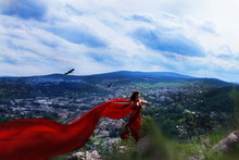 The Girl In Red ,beautiful Photoshoot ,photo Shoot In The Mountains ,red ,shelkovoe Dress ,photo Shoot , Goddess ,beautiful Girl ,red Portrait ,birds In The Sky