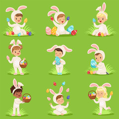 Poster - Easter set with eggs and children in bunny costumes