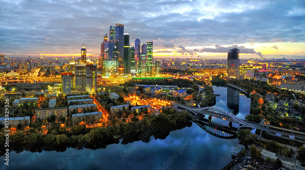 Moscow City district and Moscow river at dusk, aerial view - obrazy, fototapety, plakaty 
