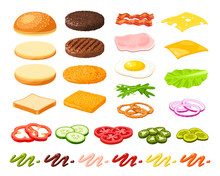 Set Of Ingredients For Burger And Sandwich . Sliced Veggies, Bun, Cutlet, Sauce. Vector Illustration Cartoon Flat Icon Collection Isolated On White.