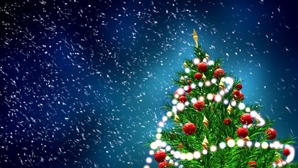 Wall Mural - 3d illustration of green Christmas tree over blue background with snowflakes and red balls