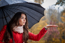 A Girl In A Red Coat With A Black Umbrella In The Rain In The Autumn