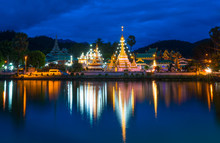 Beautiful Of Light With Blue Sky Of Wat Wat Chong Klang Temple And Wat Chong Kham Temple Is The Travel Destination Most Popular Tourist Attractions In Mae Hong Son Near Chiang Mai Province, Thailand