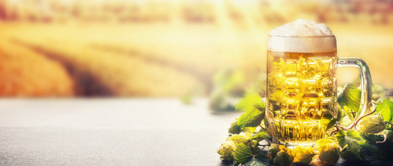 Wall Mural - Mug of beer with foam on table with hops at field nature background with sunbeam, front view, banner