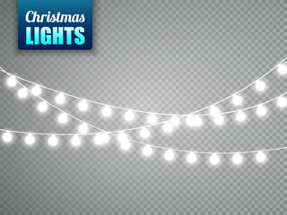Poster - Christmas lights isolated on transparent background. Vector xmas glowing garland.