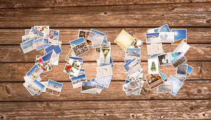 Wall Mural - 2018, snow and winter stack of photos on wooden planks background