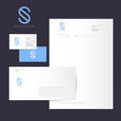 S logo and Identity. S blue monogram isolated, on dark background. Corporate style, envelope, letterhead, business card.
