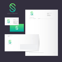 S logo and Identity. S green monogram isolated, on dark background. Corporate style, envelope, letterhead, business card.