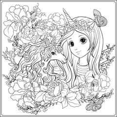 Cute girl and unicorn in roses garden. Outline drawing coloring 