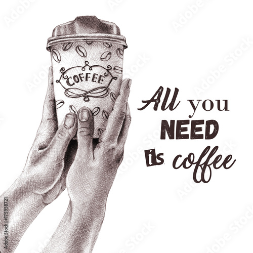 Hand Drawn Pencil Sketch Human Hands Holding A Sup Of Coffee On