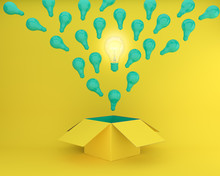 Green Light Bulbs Glowing The Different Creative Idea Think Outside The Box On Yellow Background , Concept Idea About Business For Innovation And Inspiration.