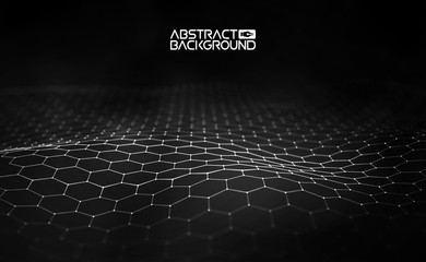 Wall Mural - Network connection concept black background vector illustration. Futuristic hexagon perspective wide angle lanscape. Futuristic honeycomb concept. 3d landscape. Big data digital background.
