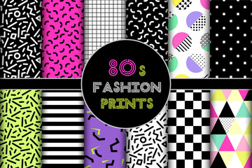 Cute set of 80's style geometric trendy seamless patterns