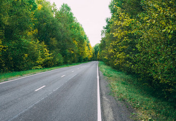 cloudy road landscape with green trees in a rural location with good tarmac