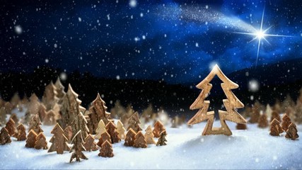 Wall Mural - Wooden decoration arranged in snow, a fantasy forest night landscape footage with falling snowflakes and a shooting star, ideal for Christmas or winter