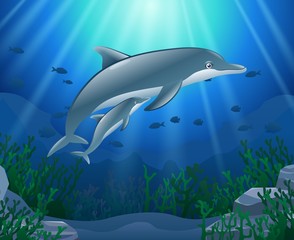 Wall Mural - Cartoon dolphin with Coral Reef Underwater in Ocean. Vector illustration