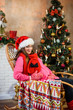 © Nestyda - Beautiful pregnant girl on the background of a Christmas tree, having a rest on Christmas holidays before the new year. Big pregnant belly