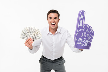 Sticker - Portrait of an excited amused man in white shirt