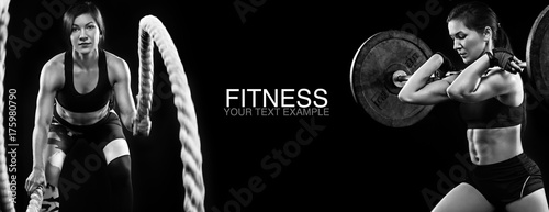 Fotografía Sporty and fit women with dumbbell and battle rope exercising at black background to stay fit