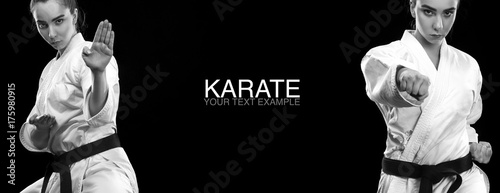 Fototapeta Karate  portret-wysportowanej-kobiety-karate-i-taekwondo-w-bialym-kimonie-z-czarnym-paskiem-na-ciemnych-plecach
