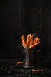 Delicious homemade sweet potato french fries on the wooden table