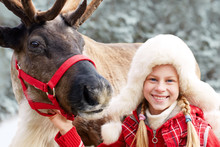 Happy Little Girl Hugging Her Reindeer. Winter Playtime.