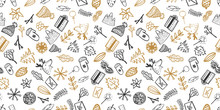 Christmas Seamless Pattern, Hand Drawn Style Doodle Elements. Vector Illustration. Sketch Art For Holiday Paper Design And Web Pages Wallpapers