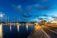 Sailing Boats And Yachts In Marina At Night. Nynashamn. Sweden.