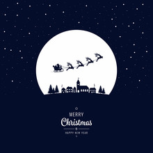 Santa Sleigh Flying Into The Winter Village Christmas Night