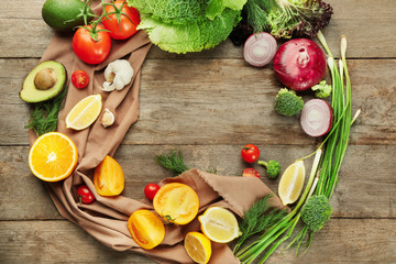 Sticker - Composition with fresh vegetables and fruits on wooden background