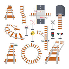 Different Structural Elements Of Railway. Vector Collection In Cartoon Style