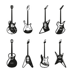 Poster - Different rock electric guitars set. Vector monochrome pictures