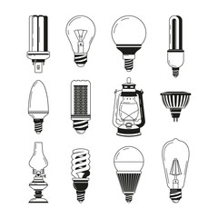 Wall Mural - Monochrome symbols of light. Different bulbs in vector style