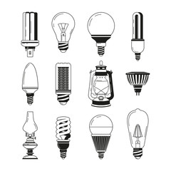 Canvas Print - Monochrome symbols of light. Different bulbs in vector style