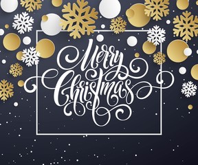 Merry Christmas handwriting script lettering. Golden, white, black Christmas greeting background with snowflakes. Vector illustration 