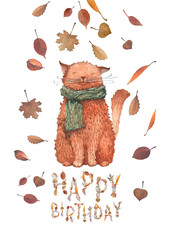 Wall Mural - A cozy Happy Birthday card with a cute cat wearing a warm knitted scarf, leaves that are falling around and letters 